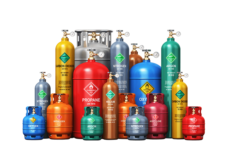 Gasflaschen in verschiedenen Größen, Formen und Farben.